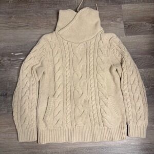 LL Bean Womens Small Petite Cable Knit Sweater Shawl Collar Cream Beige Chunky